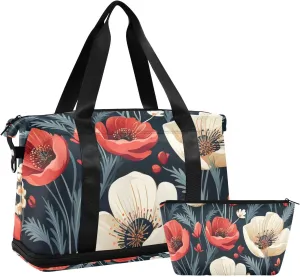 Red and White Corn Poppy Flower Gym Bag Weekender Travel Overnight Bag with Adjustable Strap for Trekking Foldable