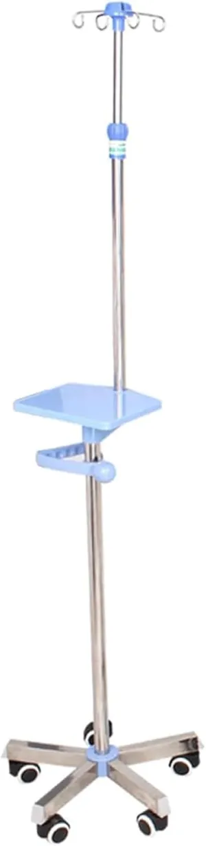 Reliable 4 Hooks Iv Pole Stainless Steel Iv Stand with Tray Adjustable Iv Bag Holder W/5 Wheels & Handrail Iv Pole Stand
