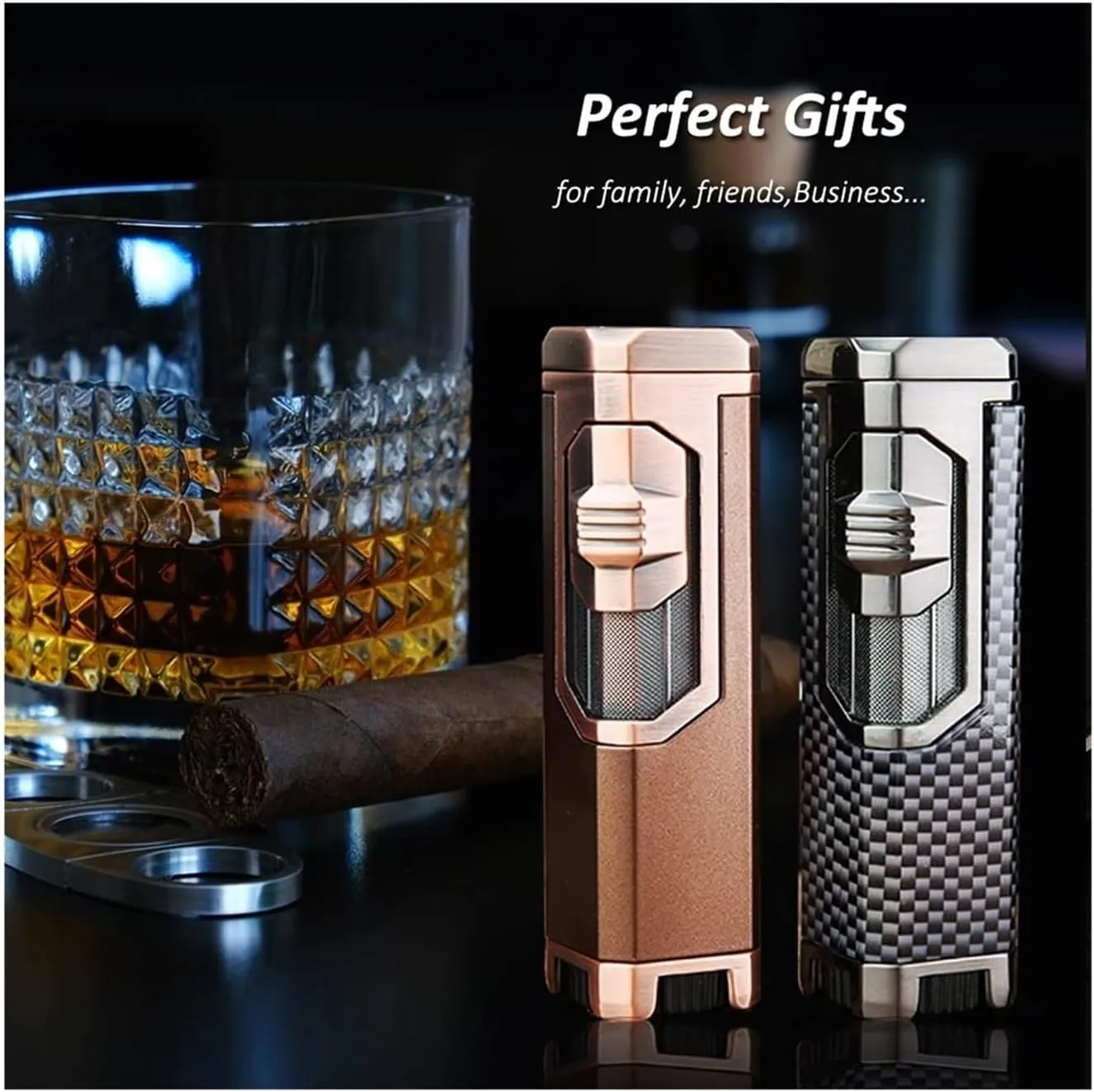 Retro Multi-Function Torch Lighter,Quadruple 4 Jet Flame Refillable Butane Lighter,Camping.Field,Travel Men's Gift(Black)