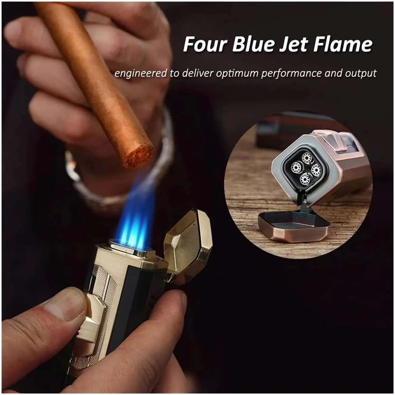 Retro Multi-Function Torch Lighter,Quadruple 4 Jet Flame Refillable Butane Lighter,Camping.Field,Travel Men's Gift(Black)
