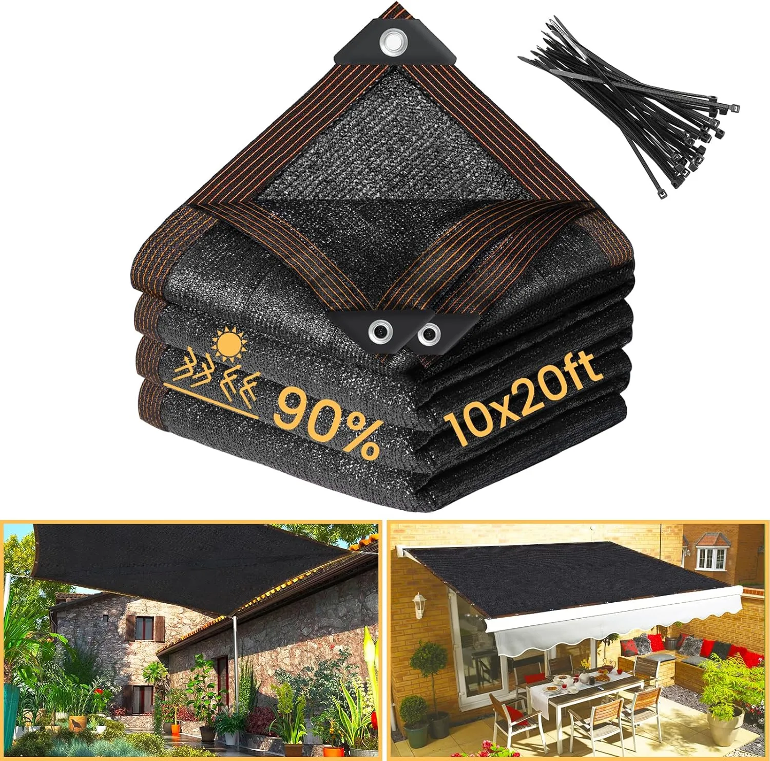 Riare 90% Black Shade Cloth- 10 x 20 FT Sunblock Garden Shade Cloth, Sun Shade Mesh Tarp with Reinforced Grommets for Greenhouse, Garden, Patio, Backyard, Plants, Pergola, Chicken Coop