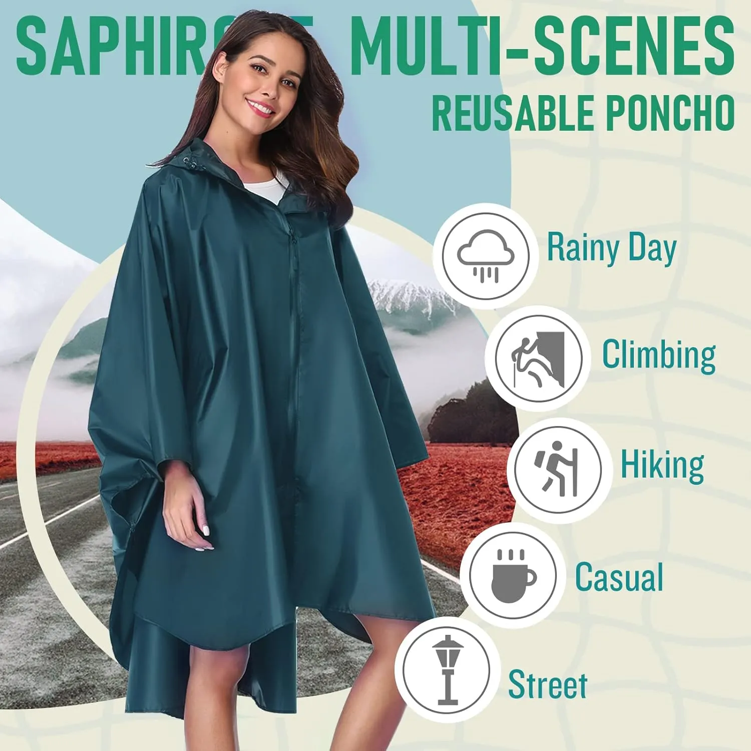 SaphiRose Unisex Rain Poncho Raincoat Hooded for Adults Women with Pockets