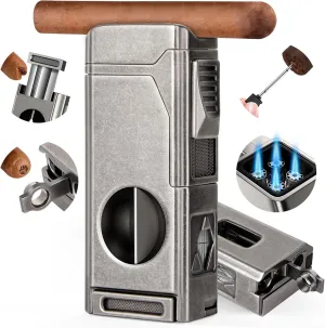 Scotte Cigar Lighter, Torch Lighter 4 Jet Flame, Refillable Butane Lighter with Cigar Cutter V Cut Cigar Punch Cigar Holder Cigar Draw Enhancer, Great Cigar Accessories Cool Lighters with Gift Box
