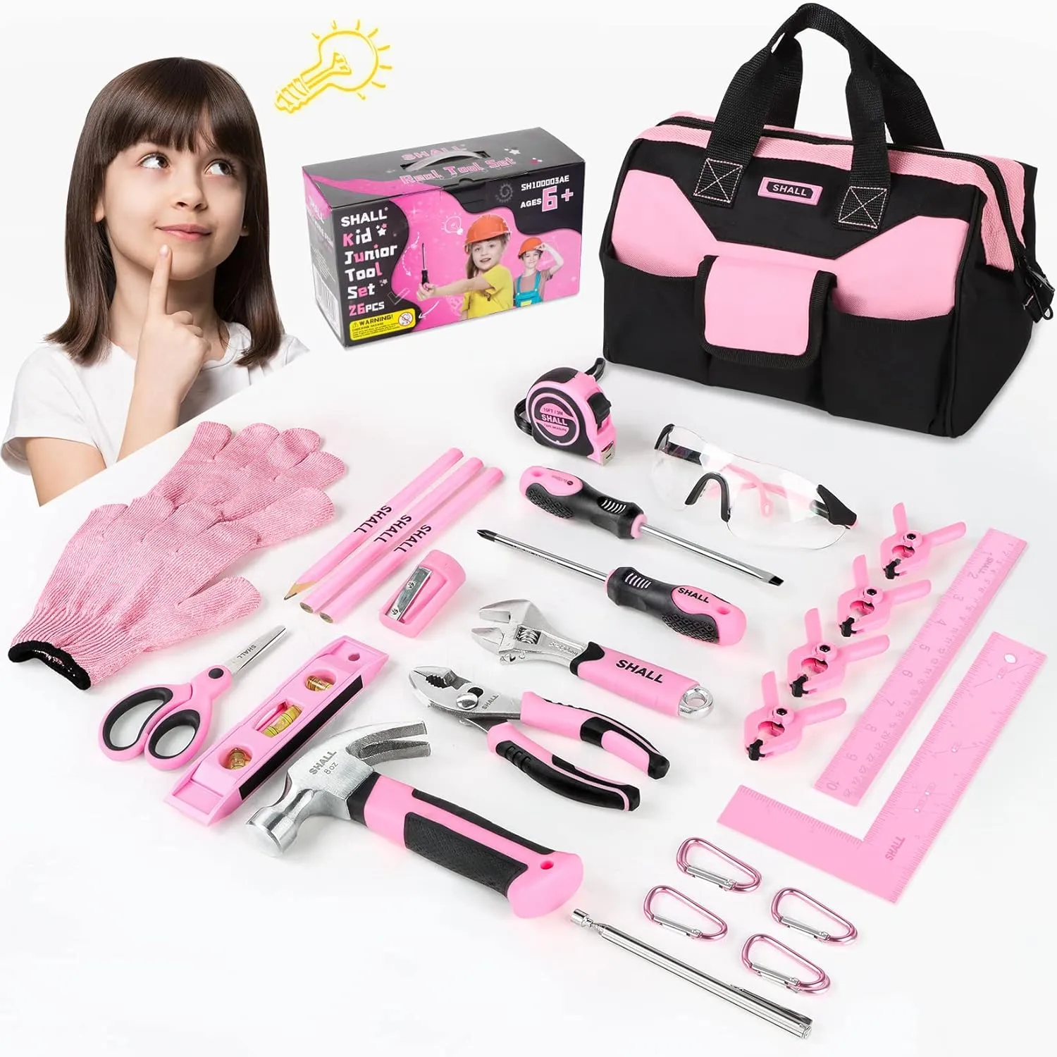 SHALL 26-Piece Kids Size Tool Set, Pink Real Tools for Kids with 12" Tool Bag, Safety Certified Children Learning Tool Kit with Hand Tools for Boys & Girls Age 6 , DIY Building, Woodwork, Construction