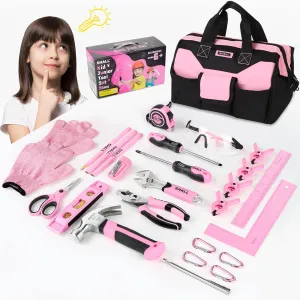 SHALL 26-Piece Kids Size Tool Set, Pink Real Tools for Kids with 12" Tool Bag, Safety Certified Children Learning Tool Kit with Hand Tools for Boys & Girls Age 6 , DIY Building, Woodwork, Construction
