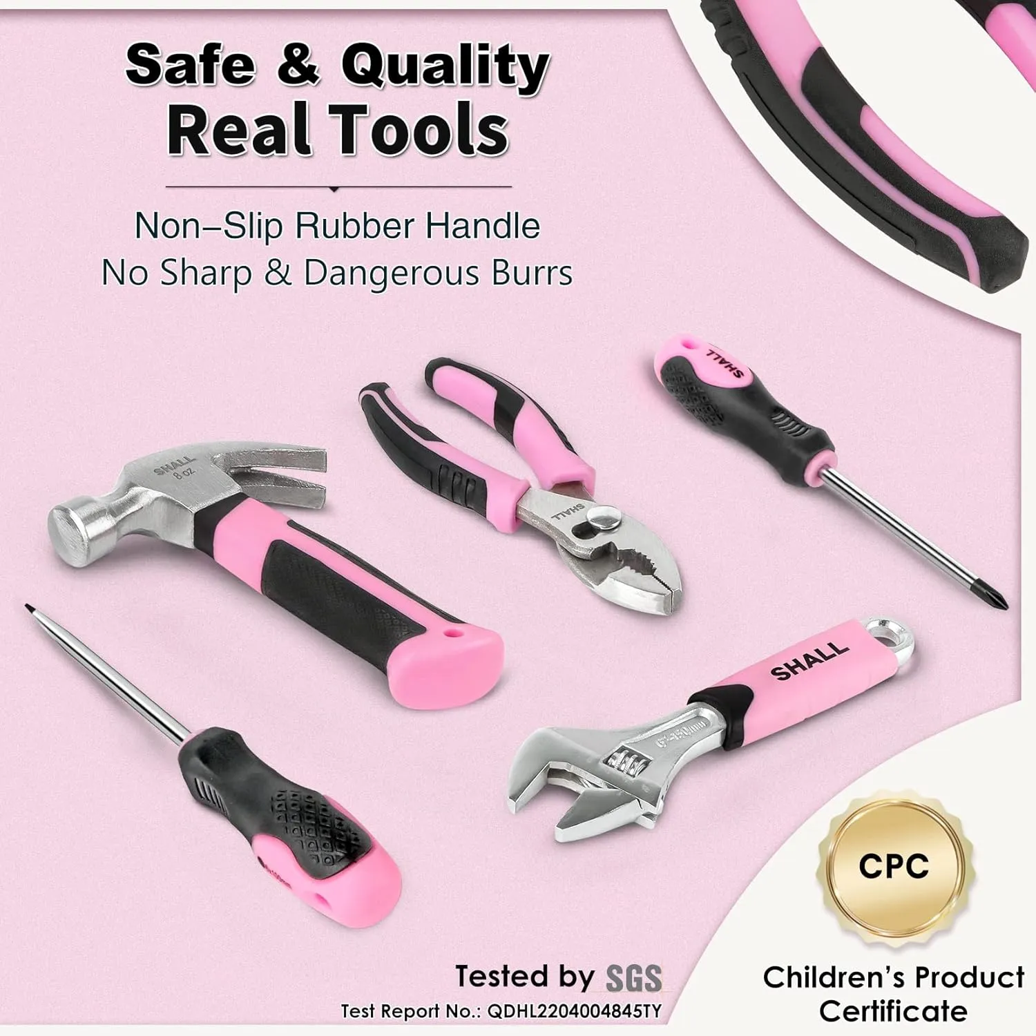 SHALL 26-Piece Kids Size Tool Set, Pink Real Tools for Kids with 12" Tool Bag, Safety Certified Children Learning Tool Kit with Hand Tools for Boys & Girls Age 6 , DIY Building, Woodwork, Construction