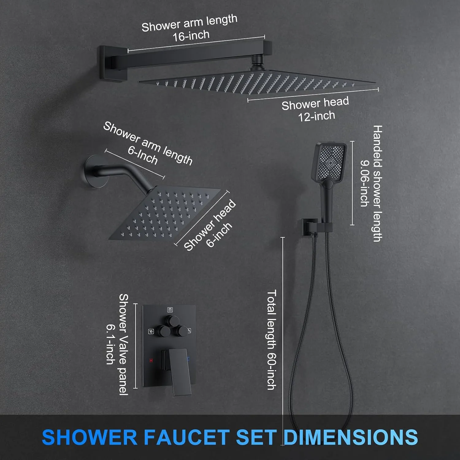 Shower Faucet Set, 12" Wall Mount Rainfall Shower System with 2 Rain Shower Head and Multi-function Handheld Head Push Button Diverter Shower Faucet Trim Kit Matte Black