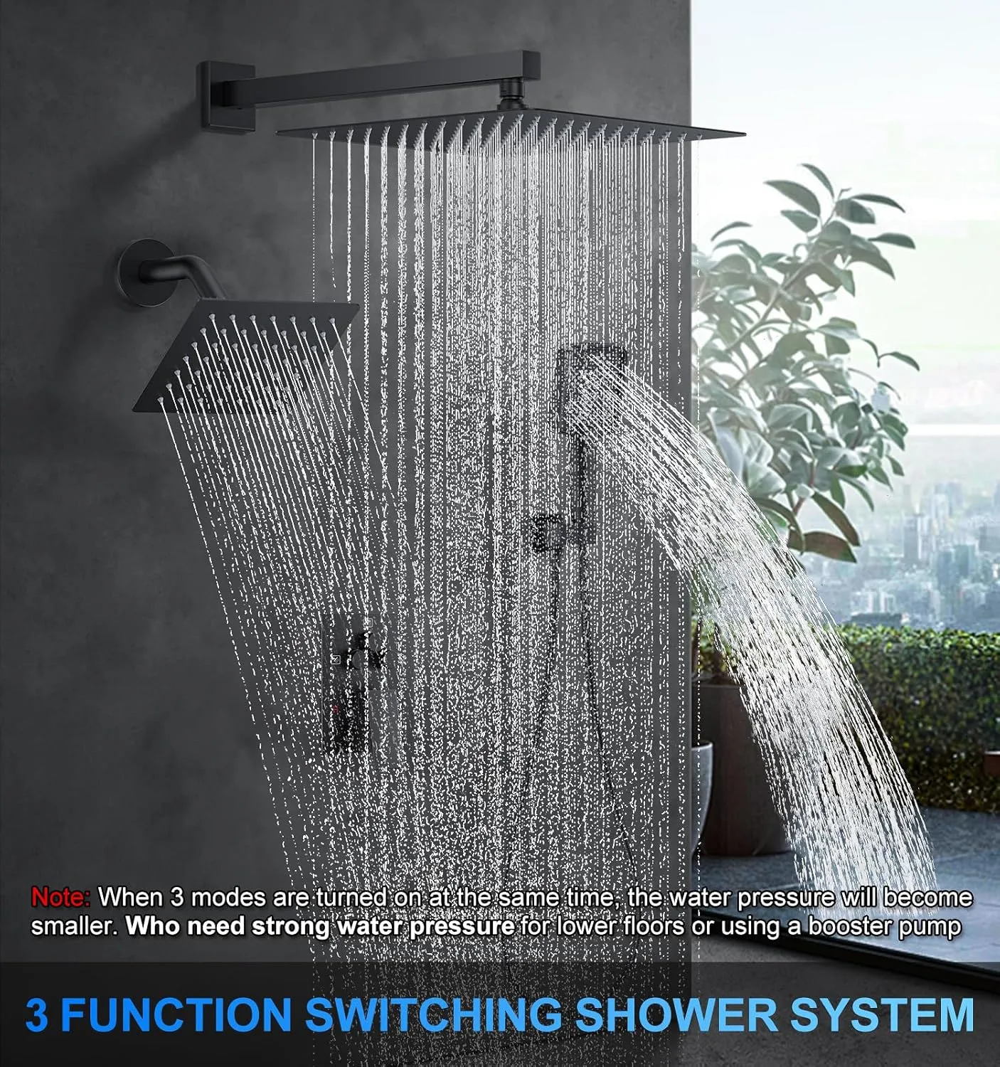Shower Faucet Set, 12" Wall Mount Rainfall Shower System with 2 Rain Shower Head and Multi-function Handheld Head Push Button Diverter Shower Faucet Trim Kit Matte Black