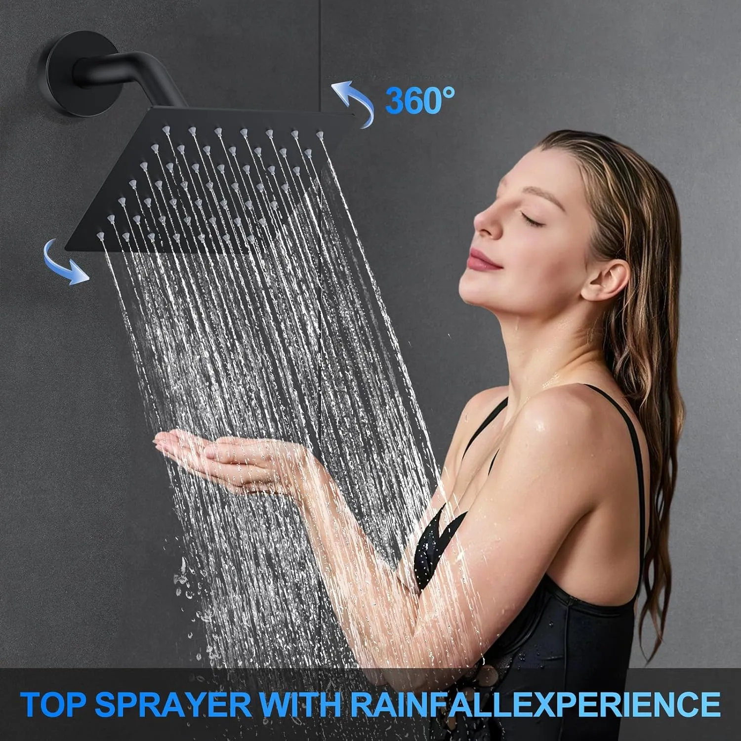 Shower Faucet Set, 12" Wall Mount Rainfall Shower System with 2 Rain Shower Head and Multi-function Handheld Head Push Button Diverter Shower Faucet Trim Kit Matte Black