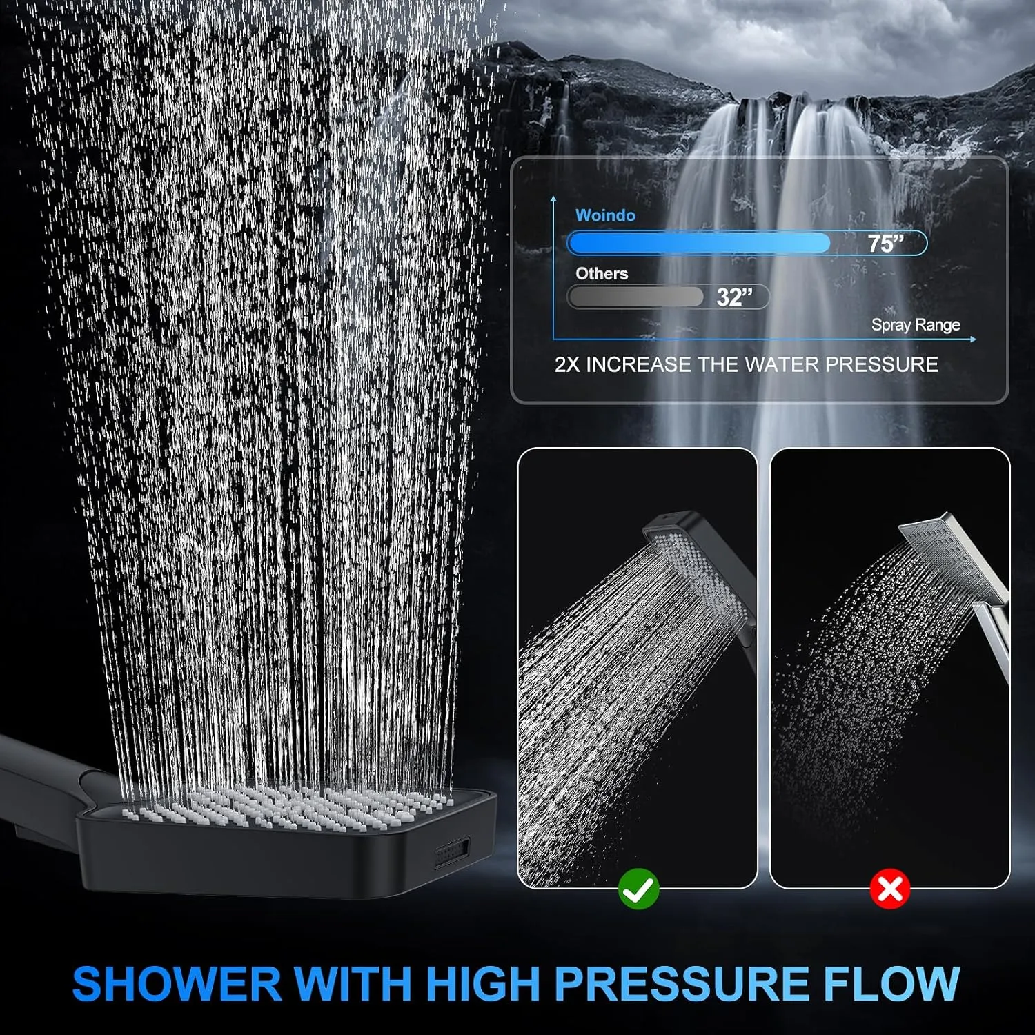 Shower Faucet Set, 12" Wall Mount Rainfall Shower System with 2 Rain Shower Head and Multi-function Handheld Head Push Button Diverter Shower Faucet Trim Kit Matte Black