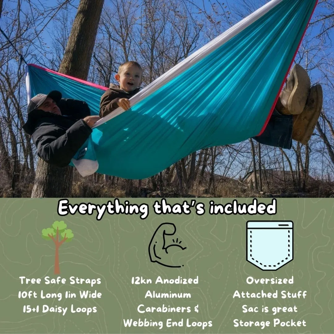 Single, Double, Triple Hammock, Light Weight Tree Straps, Aluminum Carabiners, Water Resistant Parachute Nylon, Easy Stuff Sack, Great Travel Camping Mock (Just Peachy, Double)