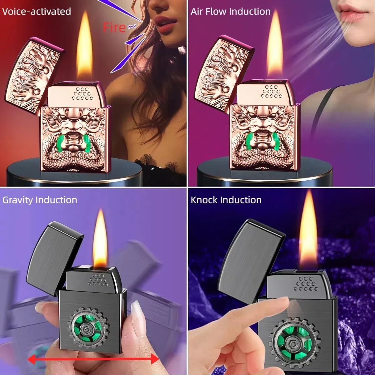 Smart Lighter with 4 Ignition Methods, Voice Activated Soft Flame Butane Lighter, Refillable Lighters, 3D Dragon Design (Gold, Without Fuel)