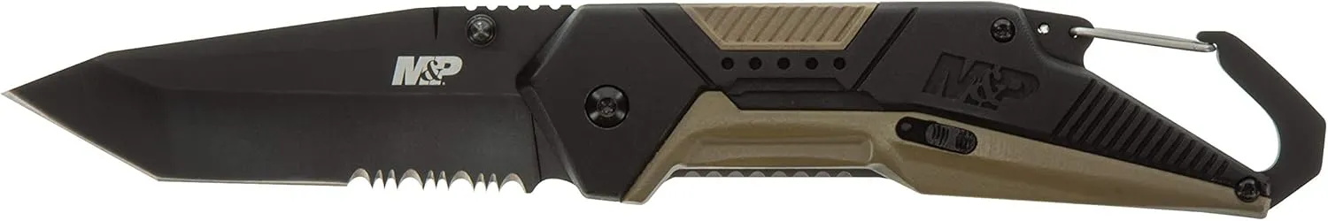 Smith & Wesson M&P Repo 8in High Carbon S.S. Assisted Folding Knife with 3.2in Tanto Blade and Aluminum/Overmold Handle for Outdoor, Tactical, Survival and EDC