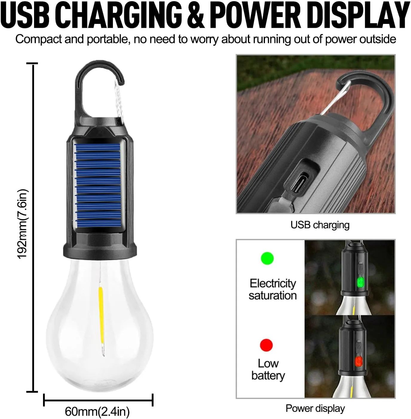 Solar Tent Camping Light Bulb Rechargeable Portable LED Camping Lantern3 Lighting Modes Tungsten Light Tent Lamp with Clip Hook for Camping, Hiking, Backpacking, Emergency Outage (T01)