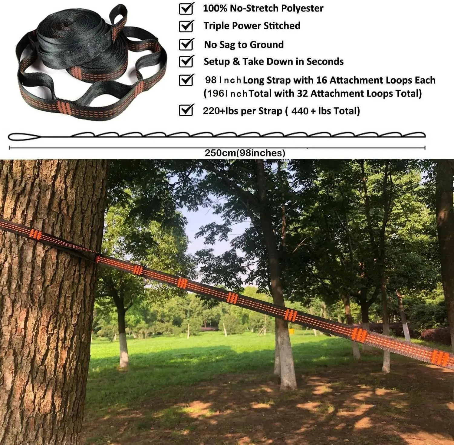 Solid Color Parachute Hammock with Hammock Straps and Black Carabiner Camping Survival Travel