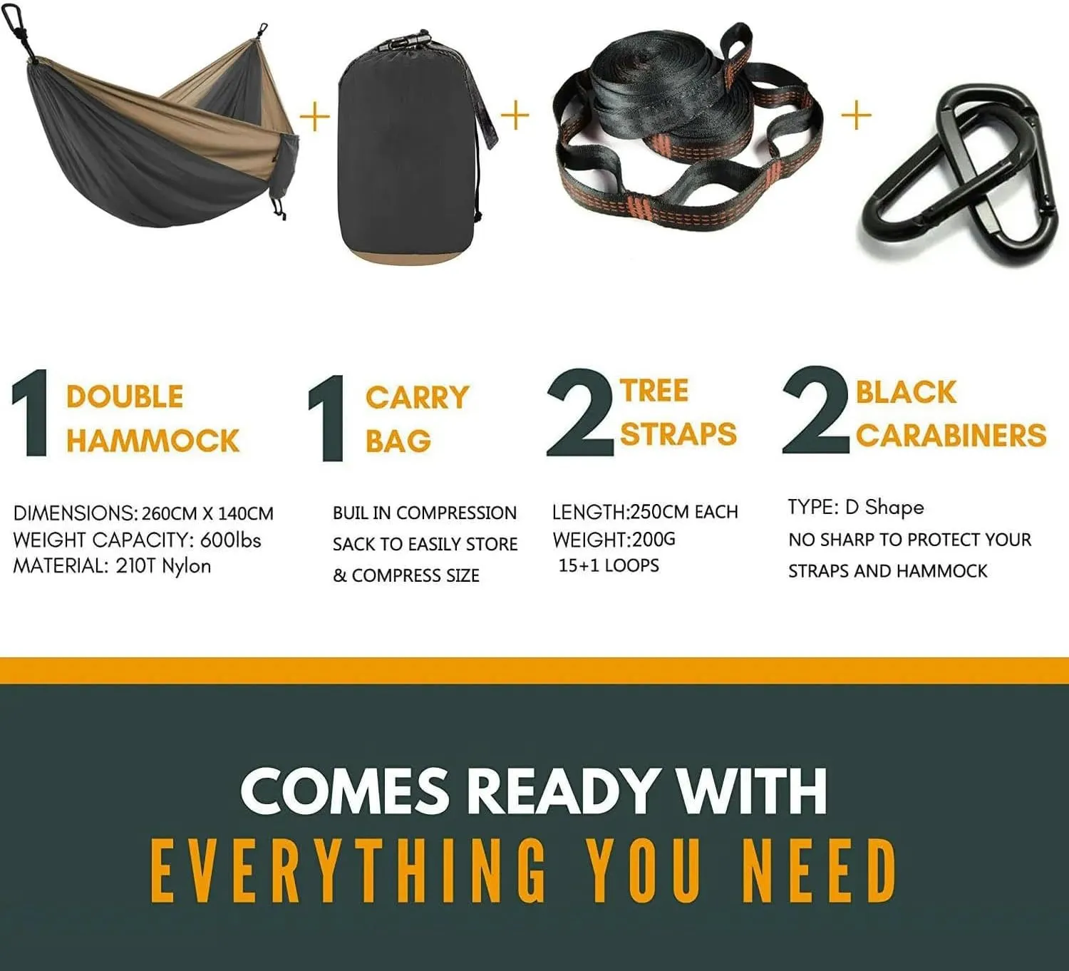 Solid Color Parachute Hammock with Hammock Straps and Black Carabiner Camping Survival Travel