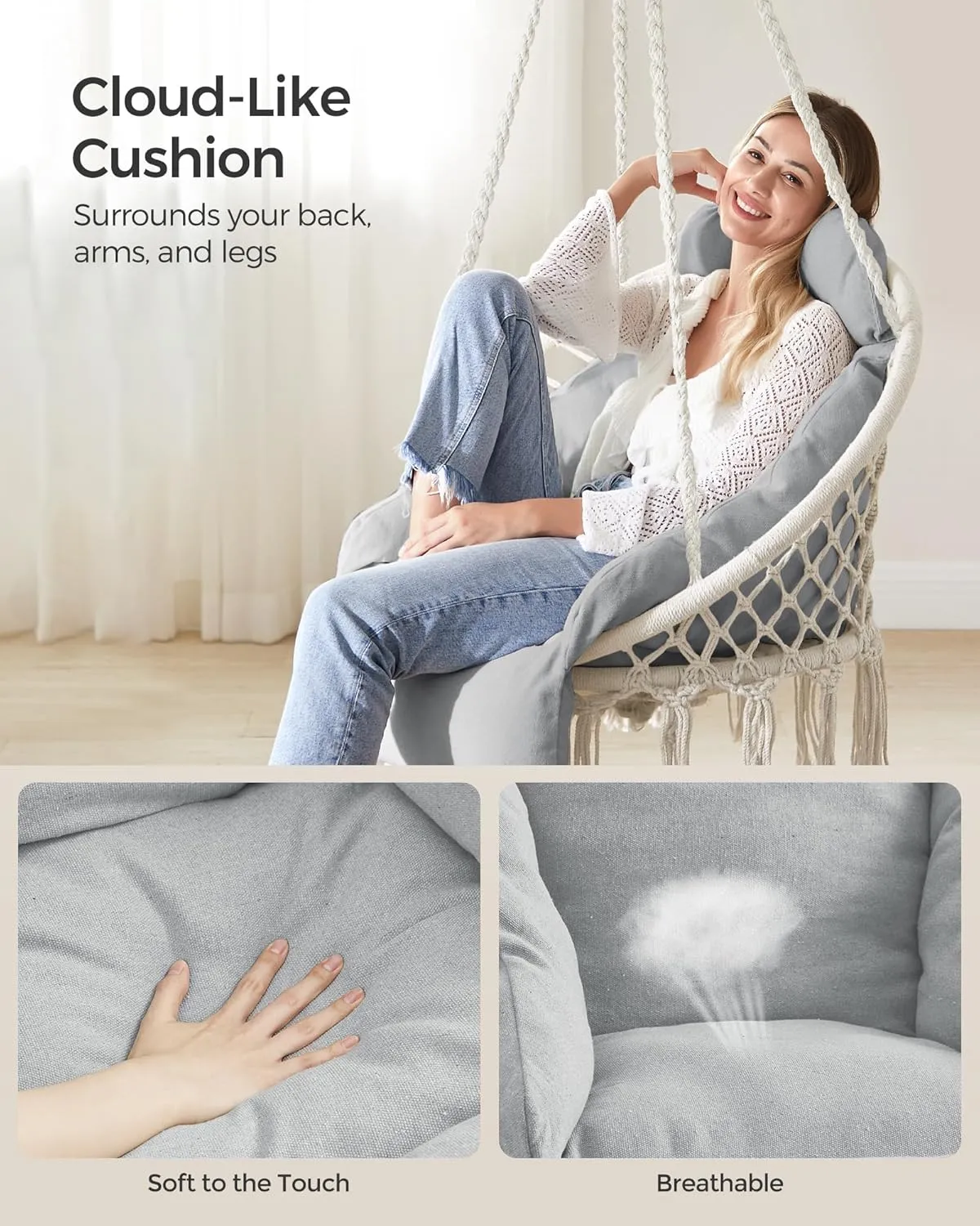 SONGMICS Hanging Chair, Hammock Chair with Large, Thick Cushion, Boho Swing Chair for Bedroom, Patio, Balcony, Garden, Holds up to 264 lb, Accessories Included, Cream White and Dove Gray UGDC042G01
