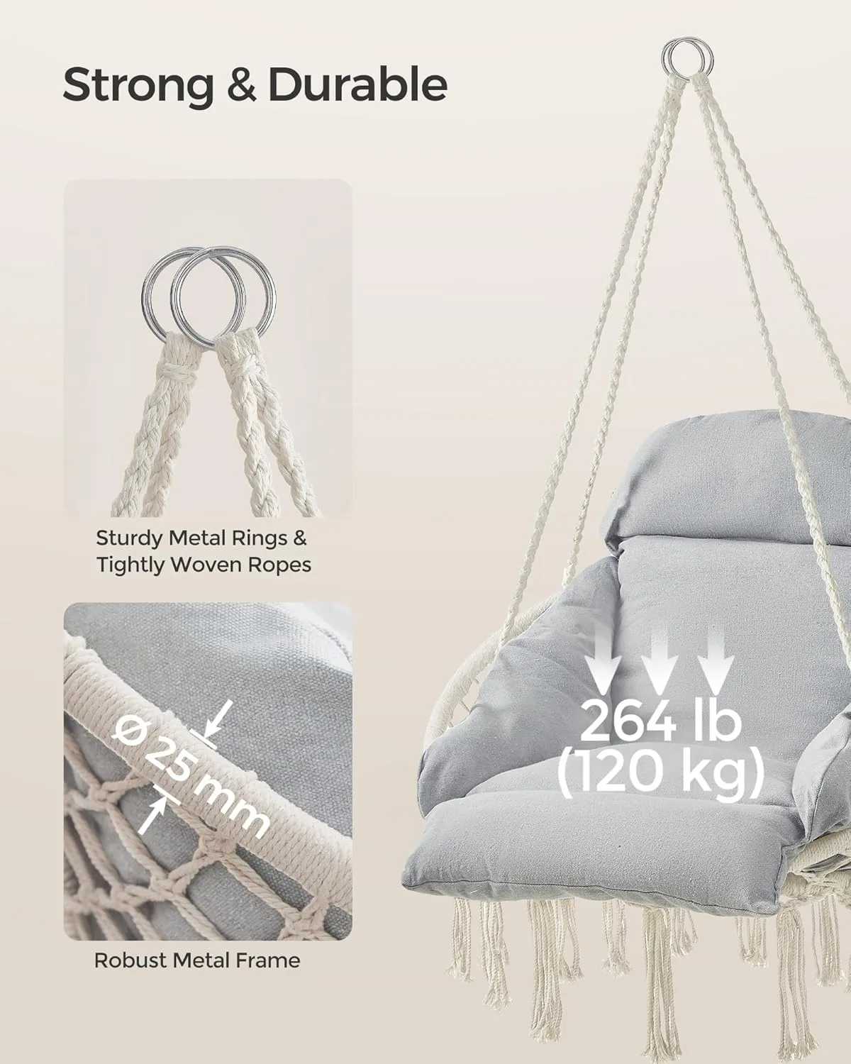 SONGMICS Hanging Chair, Hammock Chair with Large, Thick Cushion, Boho Swing Chair for Bedroom, Patio, Balcony, Garden, Holds up to 264 lb, Accessories Included, Cream White and Dove Gray UGDC042G01