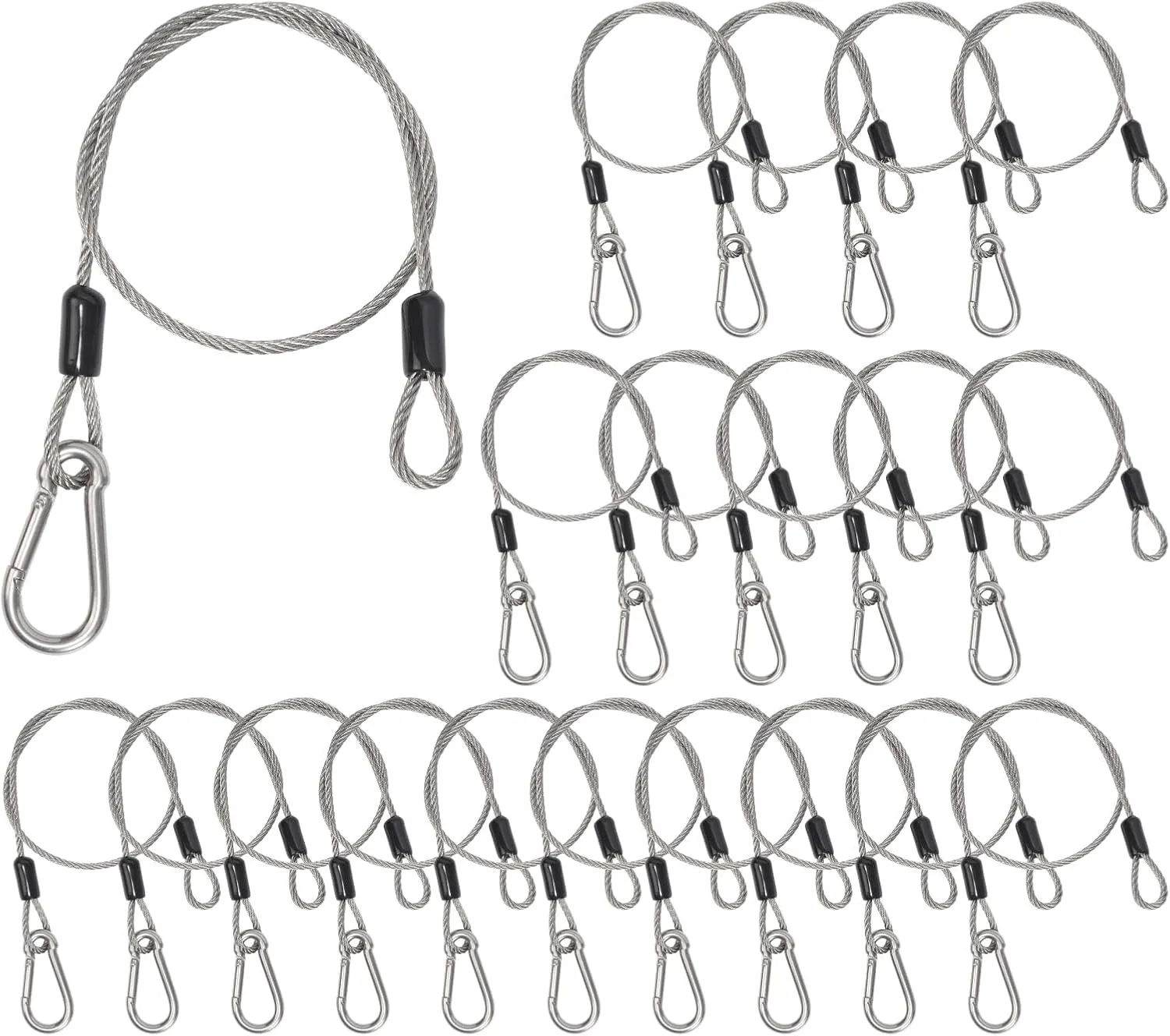 Stage Lights Safety Cables, 20 Pack Stainless Steel Security Cable for Stage DJ Party Lights, Thickened 5/32" Diameter Wire Ropes with Loops and Carabiner for Luggage Garage, 2 Feet Length