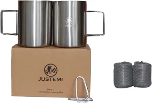 Stainless Steel Camping Coffee Mugs Set of 2,Insulated Camping Cup with Foldable Handle & Mesh Bag,Double Walled Metal Backpacking Cup for Outdoor Hiking（14oz）