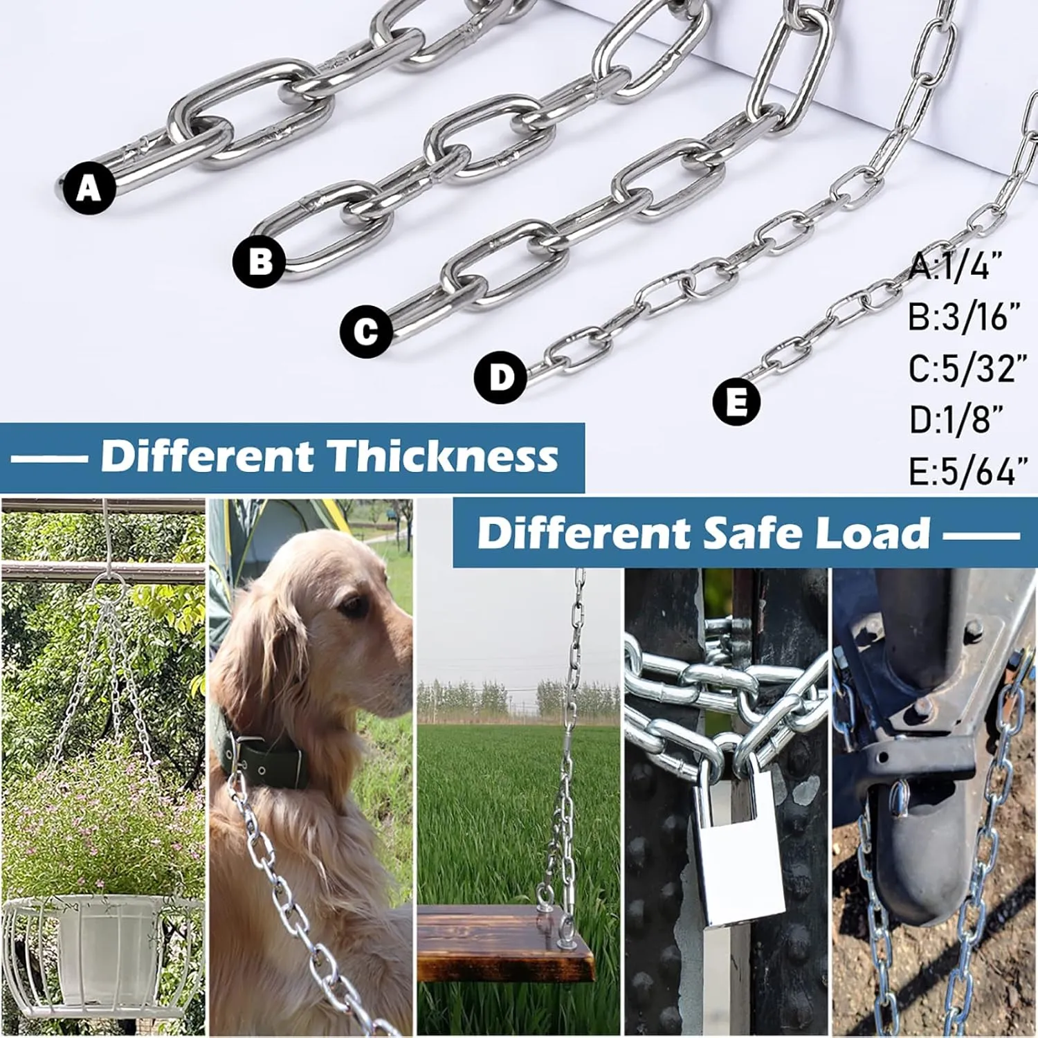 Stainless Steel Chain, 1/8 in × 32.8 Ft Small Strong Chain Link Chain, Light Duty Chainlink Utility Metal Decorative Chain Camping Pet Dog Chain Hanging Chain for Bird Feeder Planters Signs