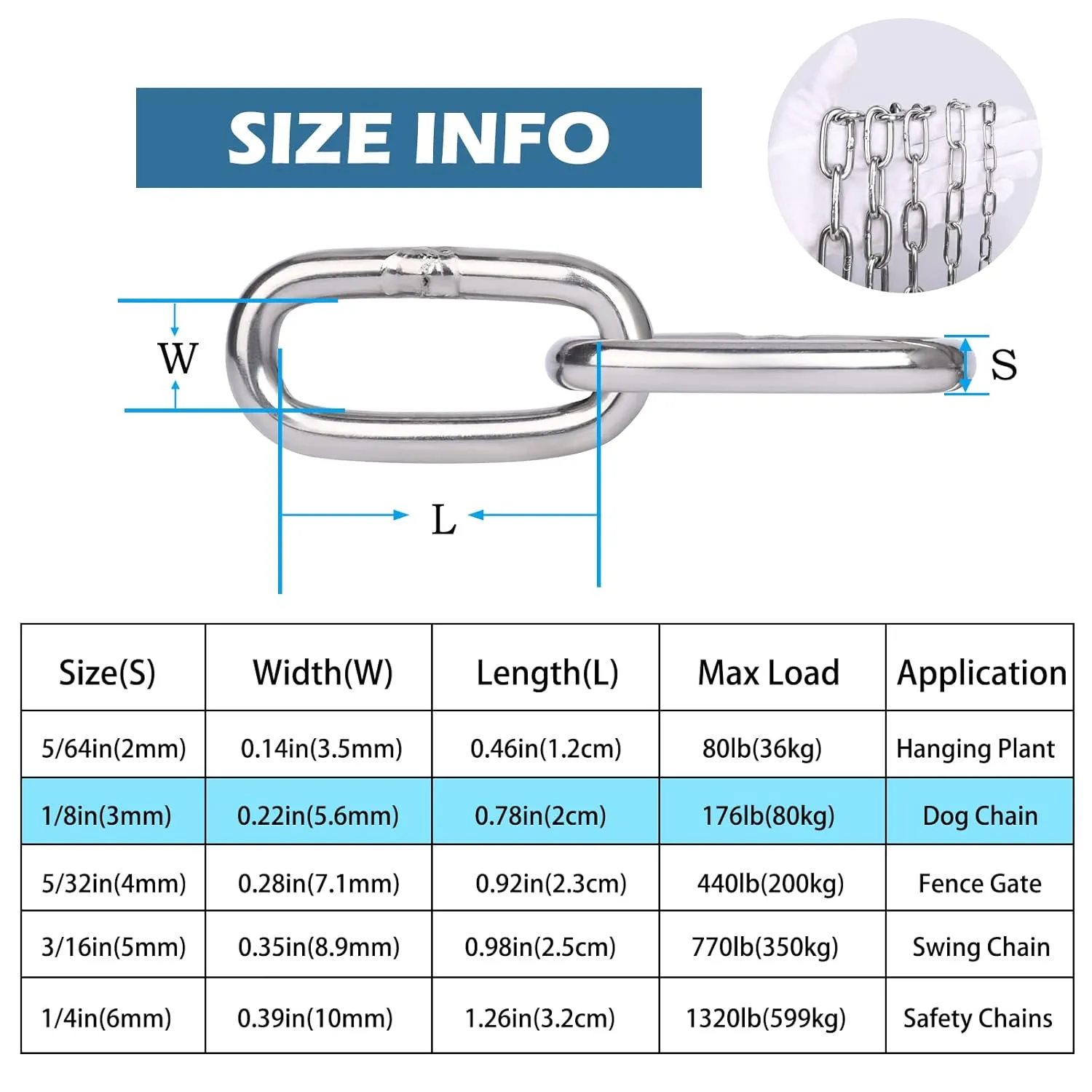 Stainless Steel Chain, 1/8 in × 32.8 Ft Small Strong Chain Link Chain, Light Duty Chainlink Utility Metal Decorative Chain Camping Pet Dog Chain Hanging Chain for Bird Feeder Planters Signs