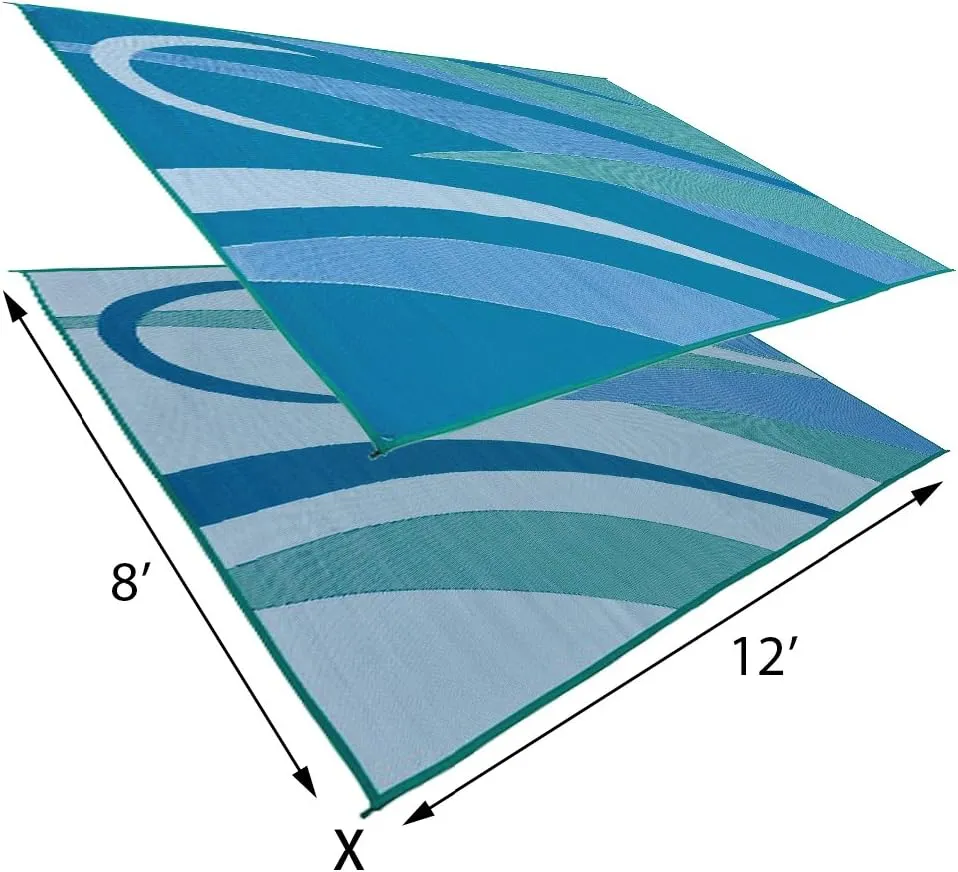 Stylish Camping 8-Feet x 12-Feet RV Outdoor Camping Reversible Patio Mat, GA3 Blue/Green