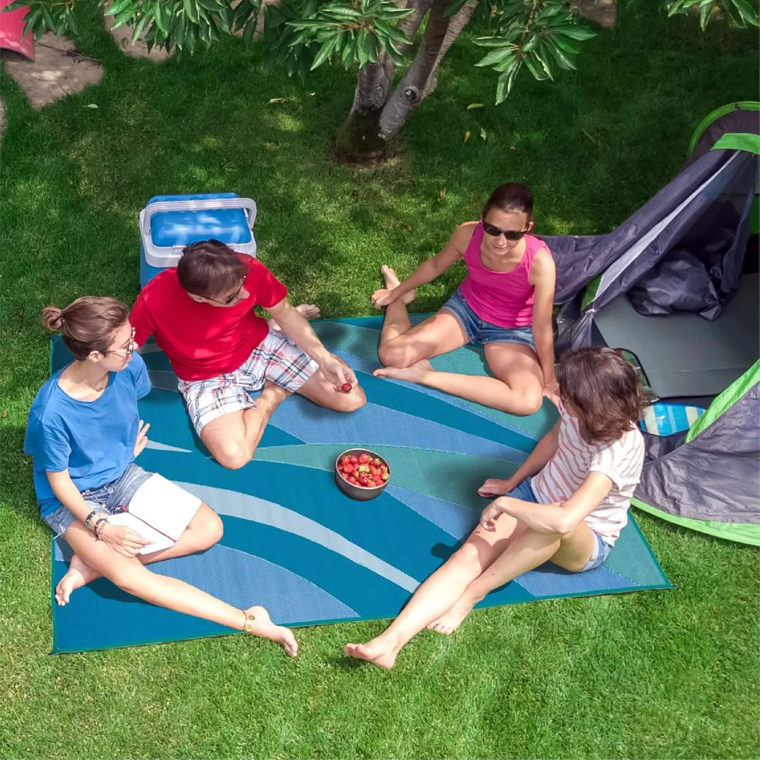 Stylish Camping 8-Feet x 12-Feet RV Outdoor Camping Reversible Patio Mat, GA3 Blue/Green