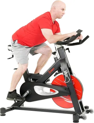 Sunny Health & Fitness Indoor Stationary Exercise Bike, 4-Way Adjustable Seat for Cycling Cardio workout at Home, Optional 49 LB Flywheel, Heavy-Duty & Free SunnyFit App Bluetooth Connect