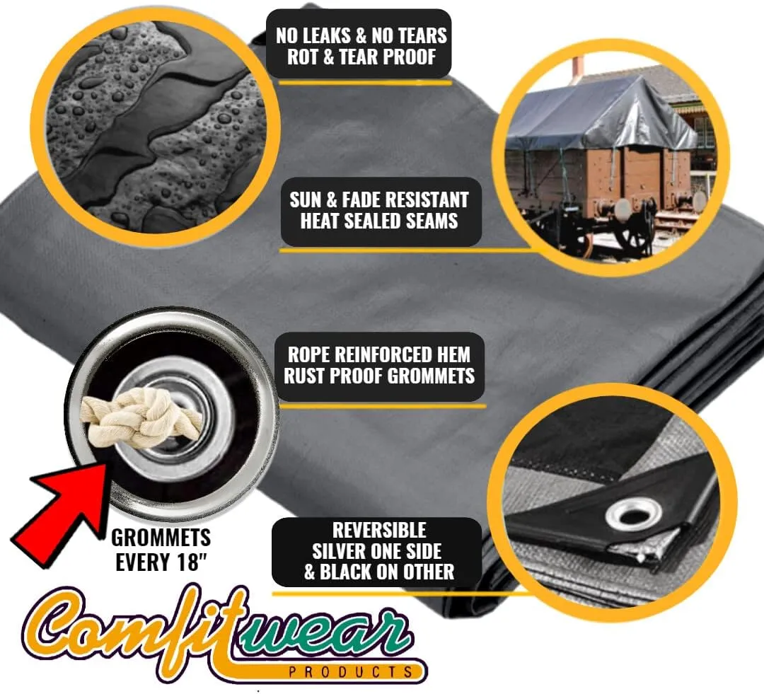 Super Heavy Duty Tarp Cover Reinforced Grommet Multi-Purpose Pool Cover Boat Tarp Camping Tarp UV Resistant Waterproof Tarpaulin Canopy Tent Waterproof Tarp Cover (Silver-Black, 6' X 8')