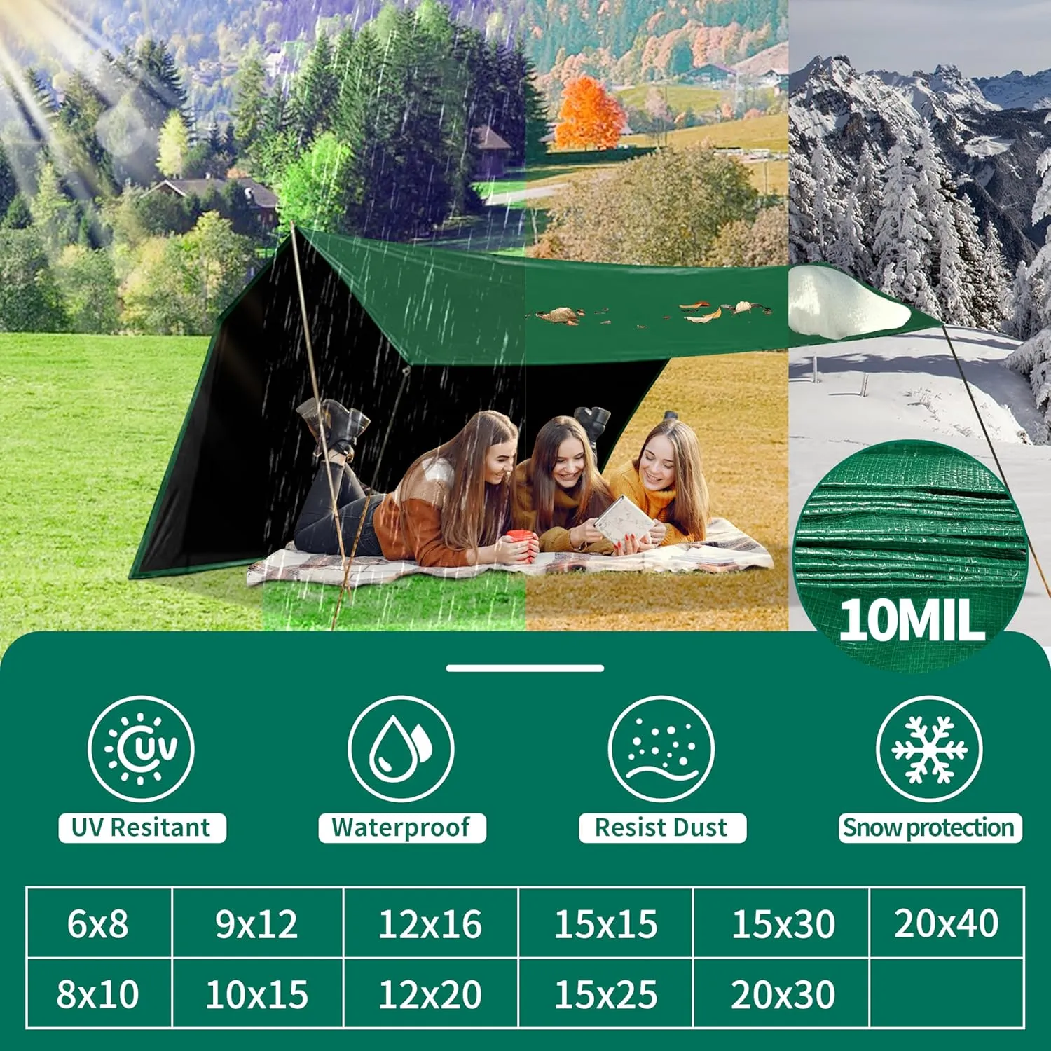 Tarp 8x10 ft Heavy Duty 100% Waterproof 10mil,UV Resistant,Durable Grommets and Reinforced Edges Green/Black Tarp for Camping, Swimming Pools,Car Coverage -by MVPNET
