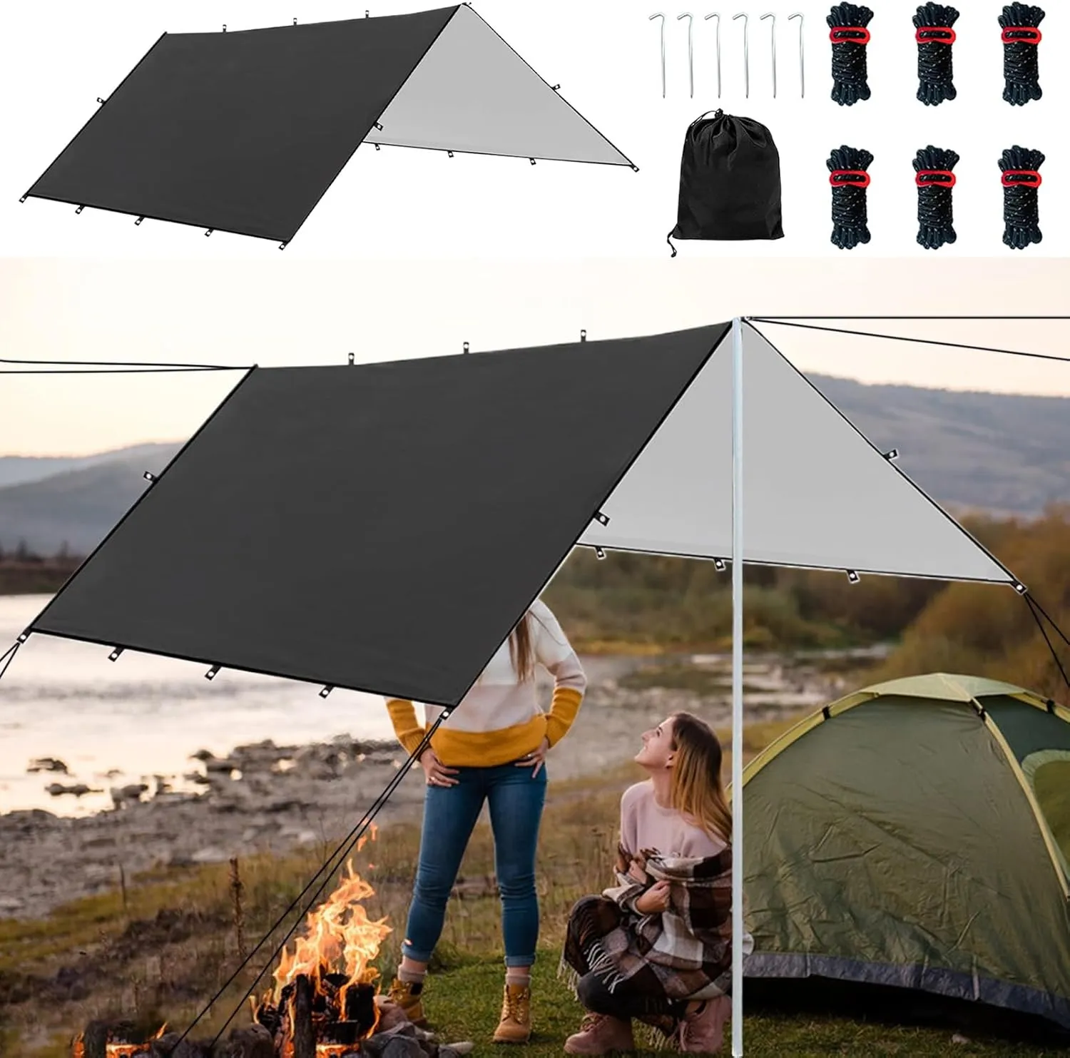 Tarp for Camping - Portable Shelter Cover - Weatherproof Lightweight Tent Tarp for Backpacking, Survival, Picnic, Climbing, Travel