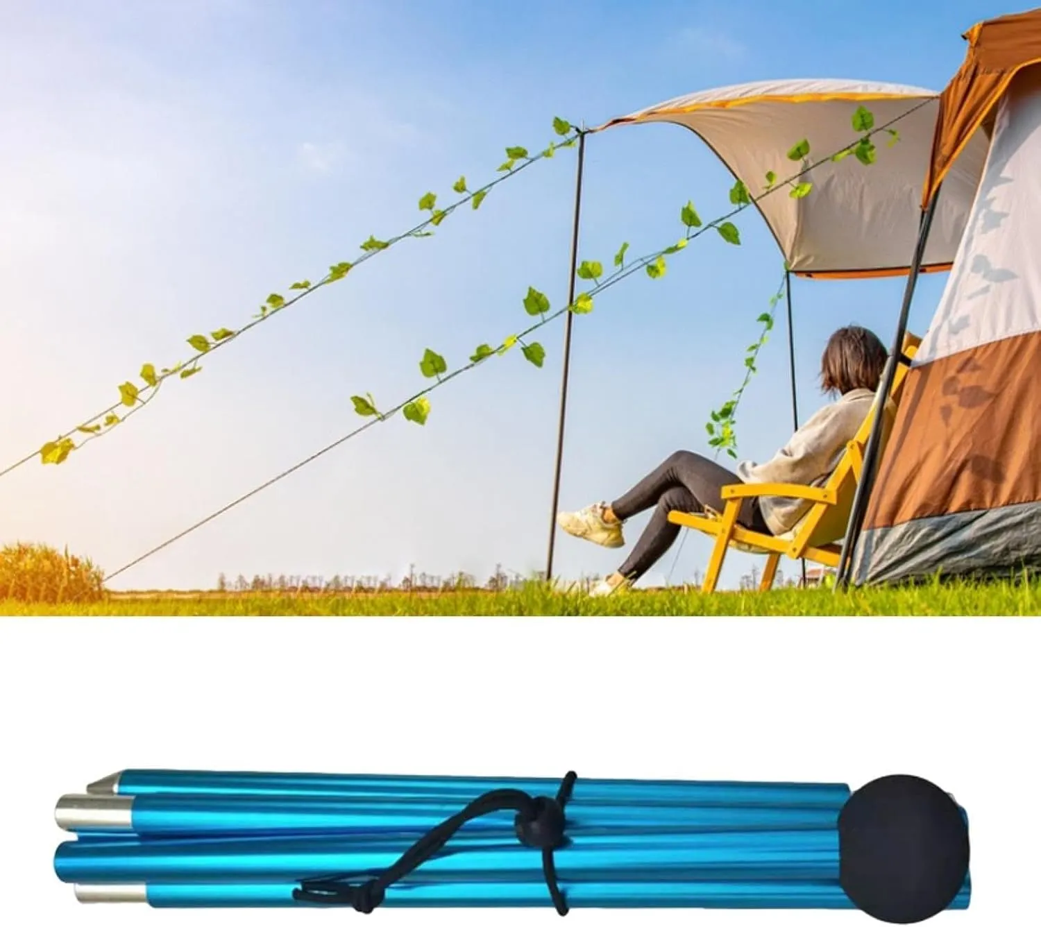 Tarp Pole Tent Rod Support Five Sections Bracket 2M Multifunctional Shelter Canopy Rod Tent Pole for Outdoor Hiking Camping