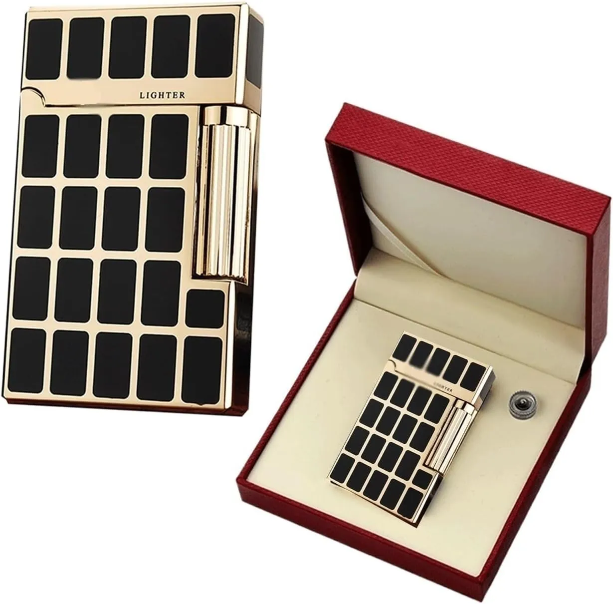 TARVIT Classic Lighters with Match Flints，Adjustable Soft Flame Lighter Butane Refillable Gas Lighter，Gift for Outdoor Cigarette/Cigar/Candle Box Packaging 【No Gas】 (Color : Black Checkered)