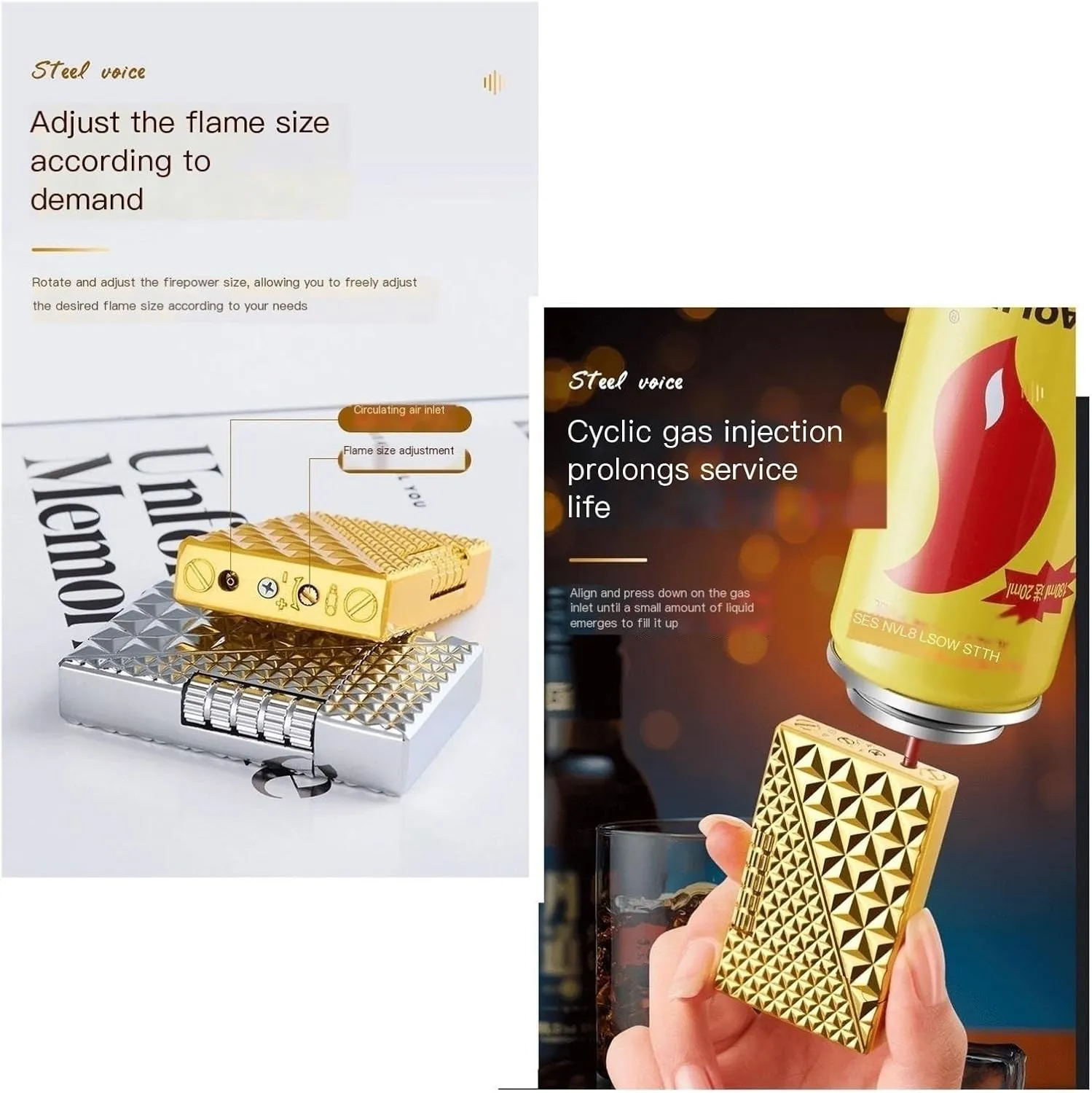 TARVIT Classic Lighters with Match Flints，Adjustable Soft Flame Lighter Butane Refillable Gas Lighter，Gift for Outdoor Cigarette/Cigar/Candle Box Packaging 【No Gas】 (Color : Black Checkered)