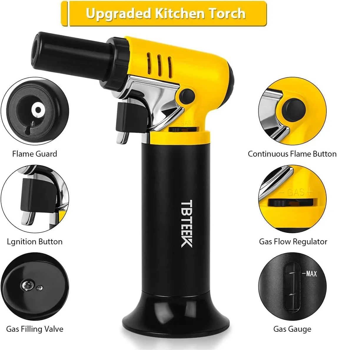 TBTeek Butane Torch with Fuel Gauge T907, One-hand Operation Kitchen Torch Lighter with Adjustable Flame for BBQ, Baking, Brulee Creme, Crafts and Soldering, 2 Pack(Butane Not Included)