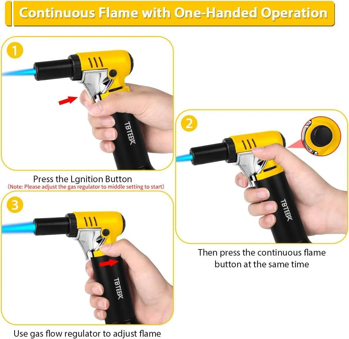TBTeek Butane Torch with Fuel Gauge T907, One-hand Operation Kitchen Torch Lighter with Adjustable Flame for BBQ, Baking, Brulee Creme, Crafts and Soldering, 2 Pack(Butane Not Included)