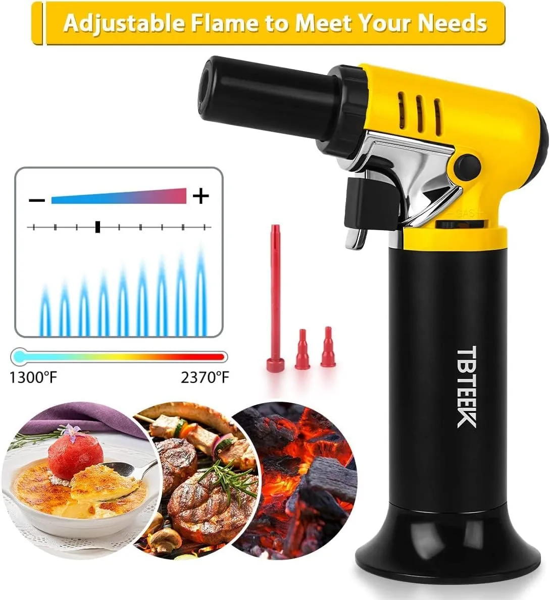 TBTeek Butane Torch with Fuel Gauge T907, One-hand Operation Kitchen Torch Lighter with Adjustable Flame for BBQ, Baking, Brulee Creme, Crafts and Soldering, 2 Pack(Butane Not Included)
