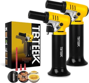 TBTeek Butane Torch with Fuel Gauge T907, One-hand Operation Kitchen Torch Lighter with Adjustable Flame for BBQ, Baking, Brulee Creme, Crafts and Soldering, 2 Pack(Butane Not Included)