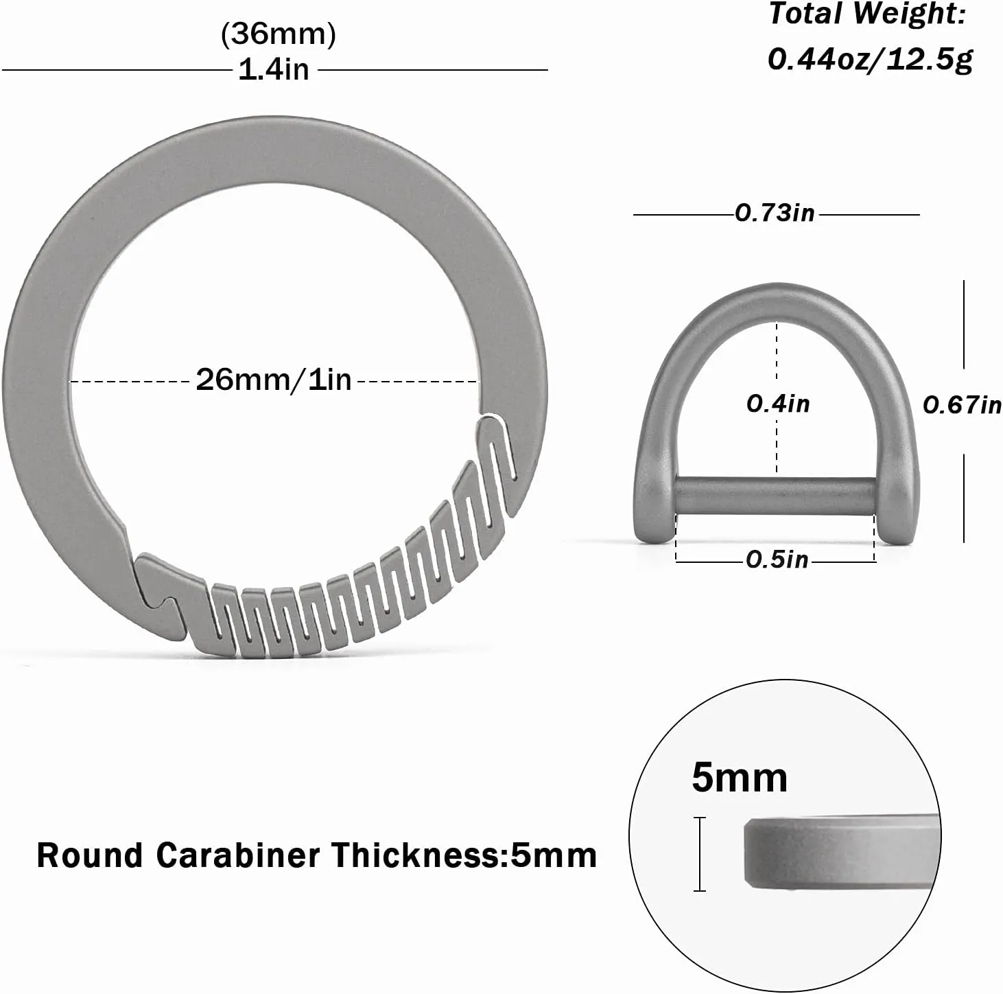 TISUR Titanium Round Carabiner Clip, Spring Hook Key Chain Ring, Small Keyring Carabiner with D-Ring for Car Keys