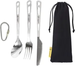 Titanium Camping Flatware, Knife Fork & Spoon 3 Piece Camping Cutlery Set Lightweight Tableware for Lunch Box Outdoor Camping & Hiking, Comes with Drawstring Bag & Carabiner- Polished