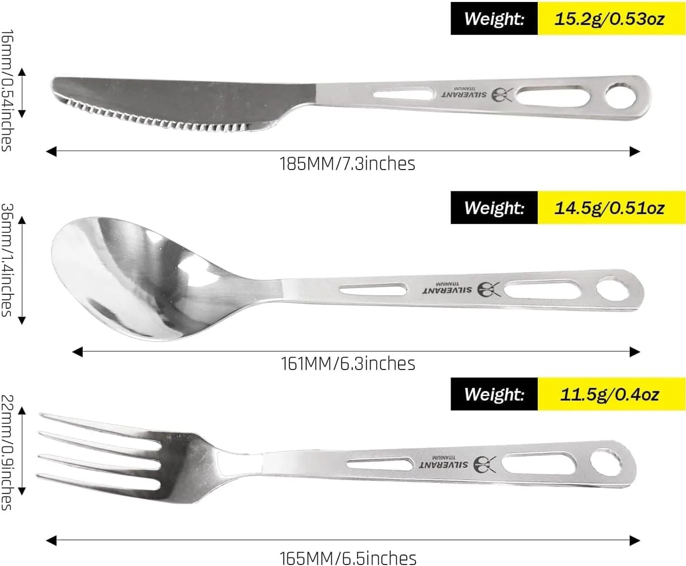Titanium Camping Flatware, Knife Fork & Spoon 3 Piece Camping Cutlery Set Lightweight Tableware for Lunch Box Outdoor Camping & Hiking, Comes with Drawstring Bag & Carabiner- Polished
