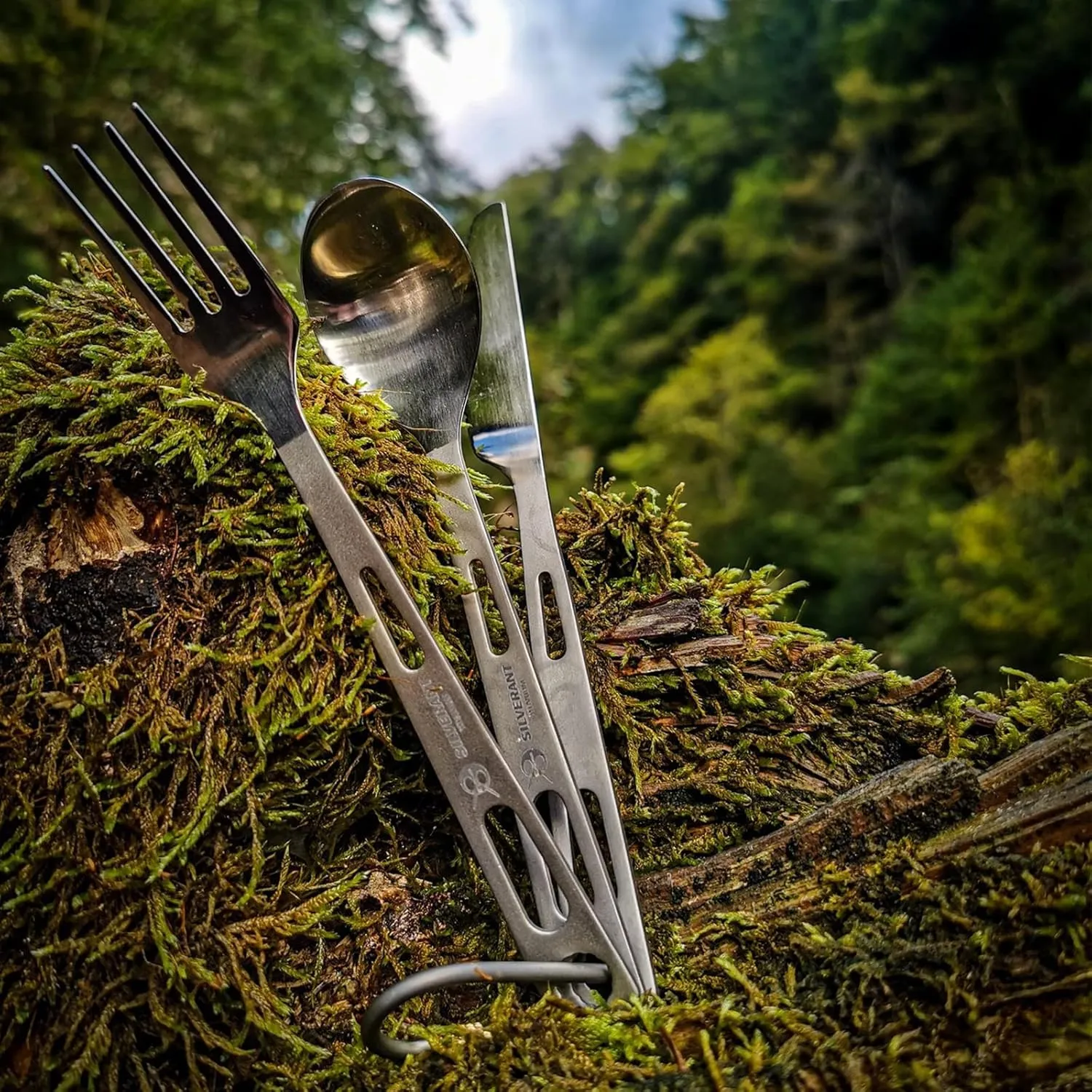 Titanium Camping Flatware, Knife Fork & Spoon 3 Piece Camping Cutlery Set Lightweight Tableware for Lunch Box Outdoor Camping & Hiking, Comes with Drawstring Bag & Carabiner- Polished
