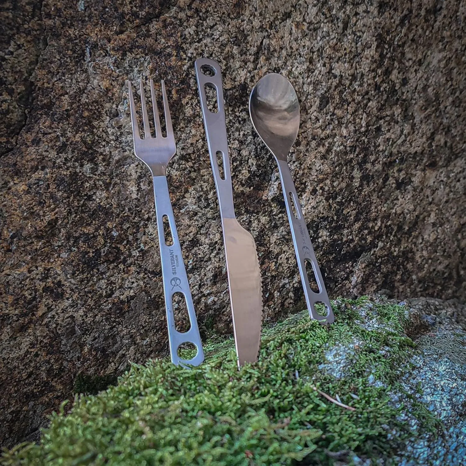 Titanium Camping Flatware, Knife Fork & Spoon 3 Piece Camping Cutlery Set Lightweight Tableware for Lunch Box Outdoor Camping & Hiking, Comes with Drawstring Bag & Carabiner- Polished