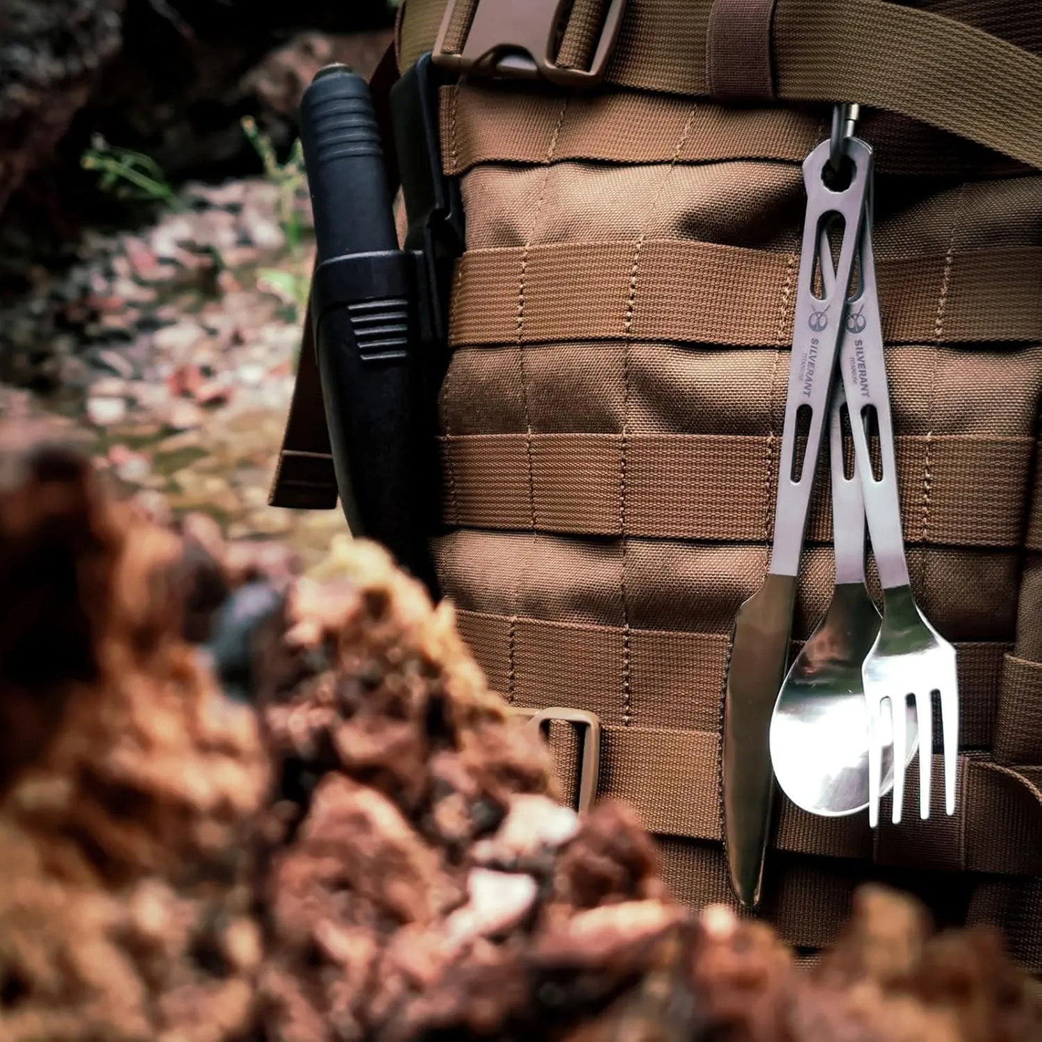 Titanium Camping Flatware, Knife Fork & Spoon 3 Piece Camping Cutlery Set Lightweight Tableware for Lunch Box Outdoor Camping & Hiking, Comes with Drawstring Bag & Carabiner- Polished