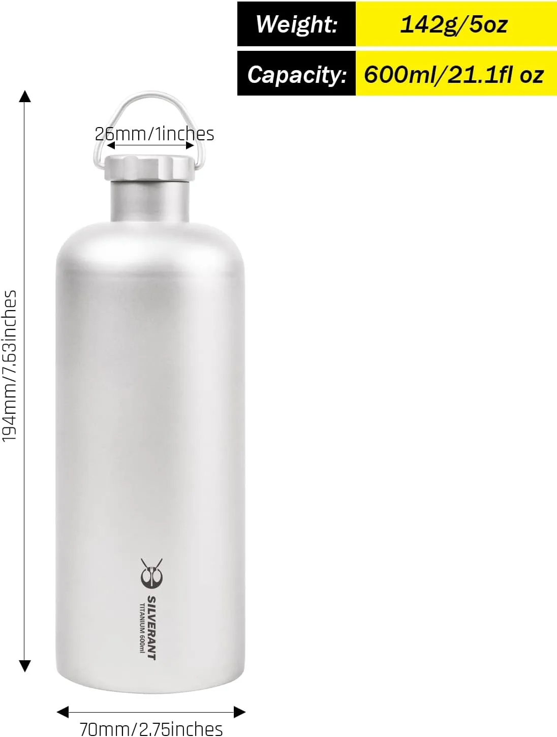 Titanium Ultralight 600Ml, 21.1 Fl Oz Water Bottle for Outdoor Camping Hiking & Sports, Reusable Bottle with Insulating Thermal Sleeve and Clip Loop Cap