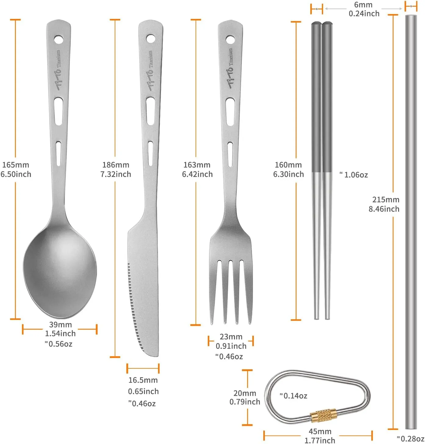 TiTo Titanium Cutlery Set Titanium Spoon Spork Knife Chopsticks Straw Portable Lightweight Outdoor Flatware Extra Strong 3/4/5 Piece Straw for Home Use/Travel/Camping/Picnic/Hiking Tableware (5-Piece)