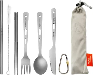 TiTo Titanium Cutlery Set Titanium Spoon Spork Knife Chopsticks Straw Portable Lightweight Outdoor Flatware Extra Strong 3/4/5 Piece Straw for Home Use/Travel/Camping/Picnic/Hiking Tableware (5-Piece)