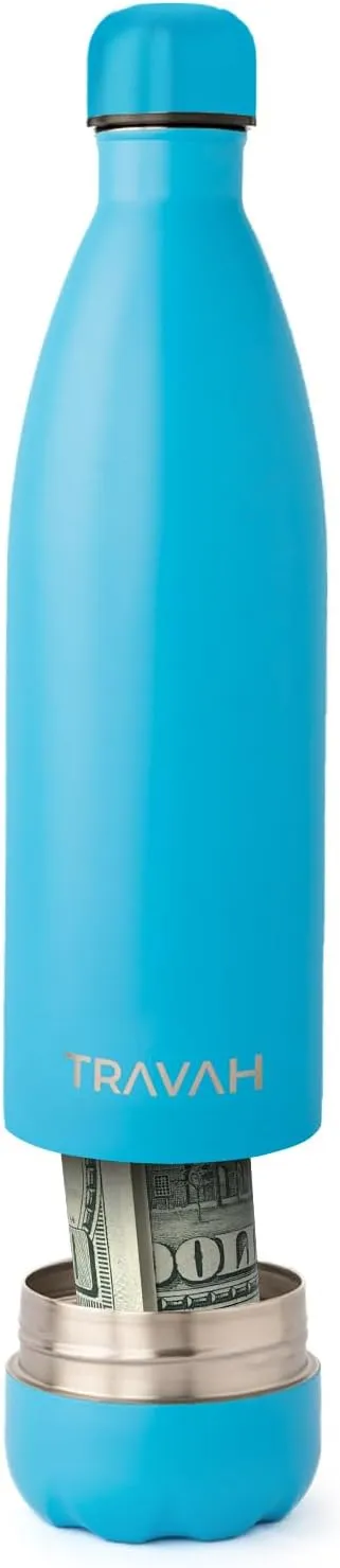 Travah Stainless Steel Diversion Water Bottle with Hidden Storage for Valuables - Insulated, Leakproof and BPA Free - 17oz (Light Blue)