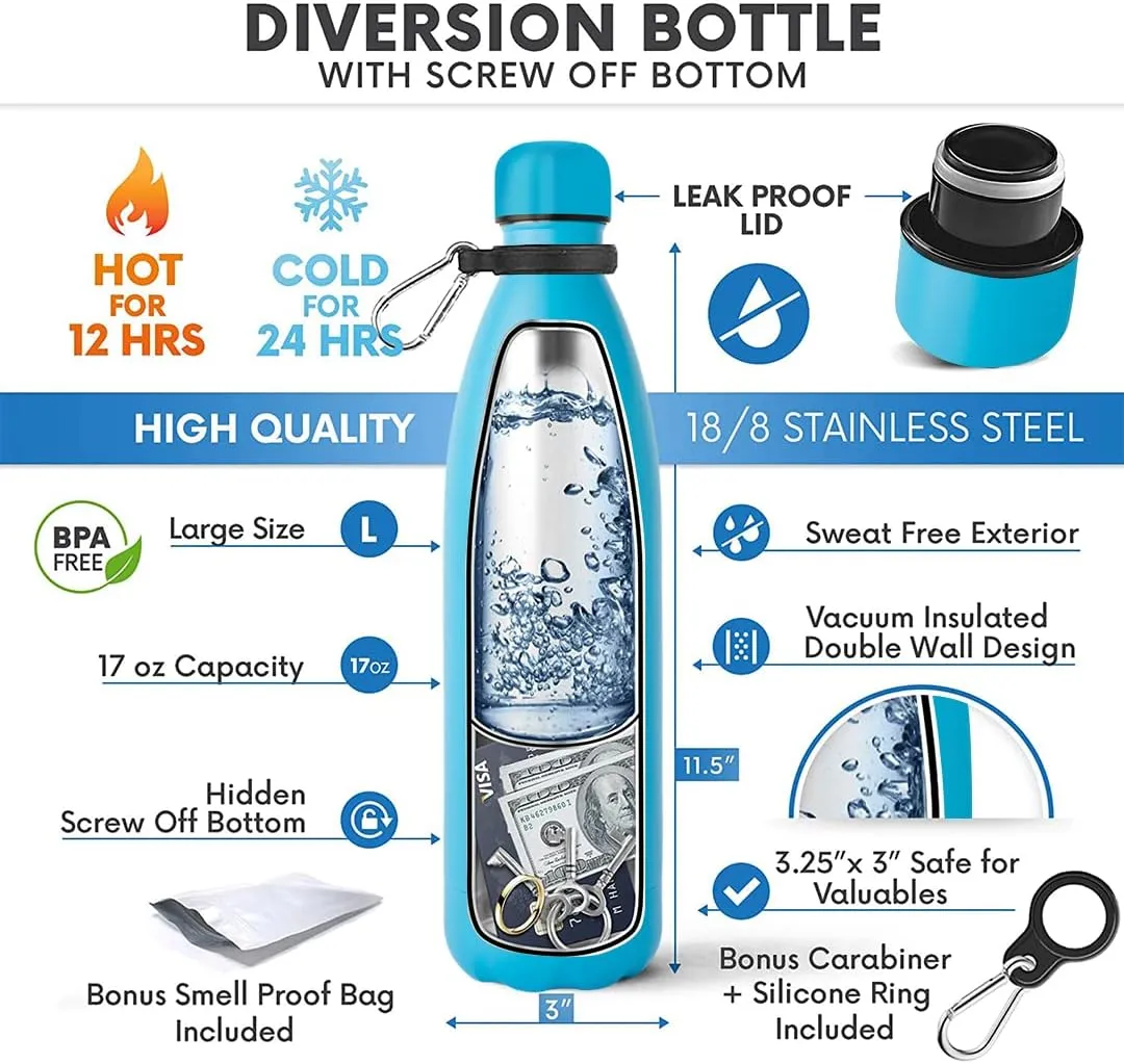 Travah Stainless Steel Diversion Water Bottle with Hidden Storage for Valuables - Insulated, Leakproof and BPA Free - 17oz (Light Blue)